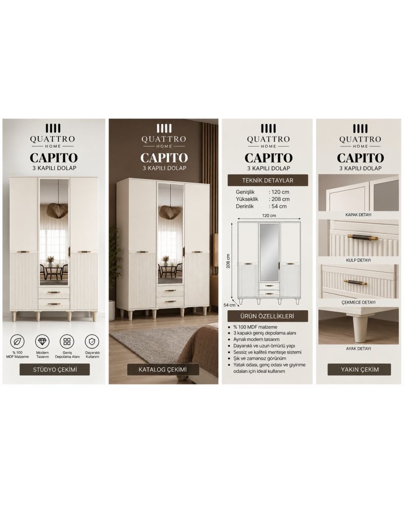 CAPITO 3 KAPILI DOLAP-Genişlik: 120 cm Derinlik: 54 cm Yükseklik: 208 cm-%100 MDF
