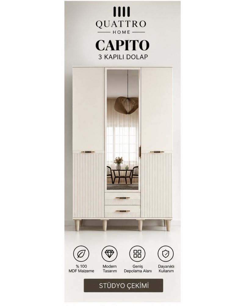 CAPITO 3 KAPILI DOLAP-Genişlik: 120 cm Derinlik: 54 cm Yükseklik: 208 cm-%100 MDF