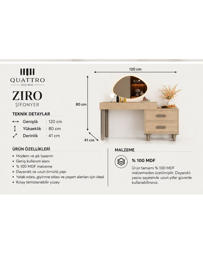 ZIRO MAKYAJ MASASI-Genişlik 120 cm, yükseklik 80 cm, derinlik 41 cm-%100 MDF