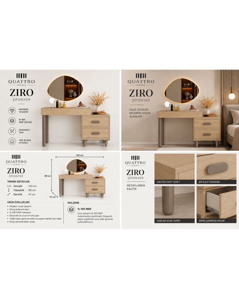 ZIRO MAKYAJ MASASI-Genişlik 120 cm, yükseklik 80 cm, derinlik 41 cm-%100 MDF