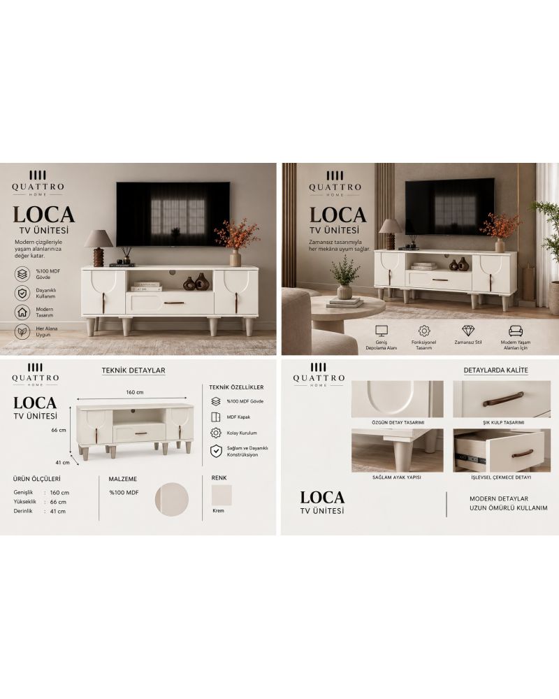 LOCA TV ÜNİTESİ SEHPASI-% 100 MDF-Genişlik: 160 cm Yükseklik: 66 cm Derinlik: 41 cm