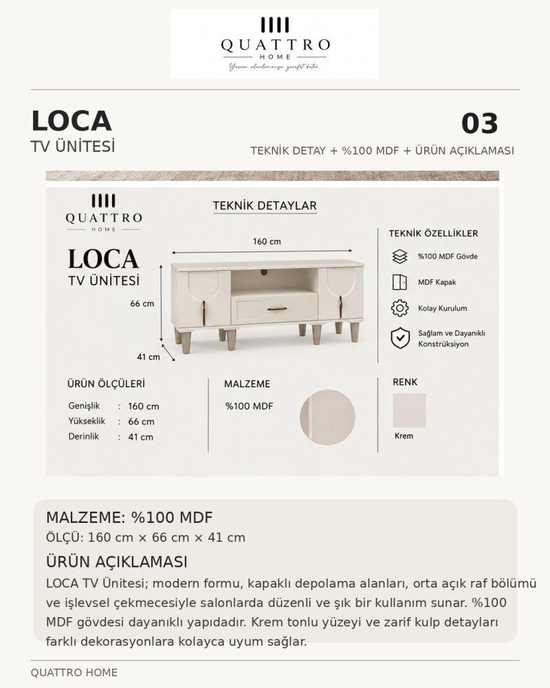 LOCA TV ÜNİTESİ SEHPASI-% 100 MDF-Genişlik: 160 cm Yükseklik: 66 cm Derinlik: 41 cm