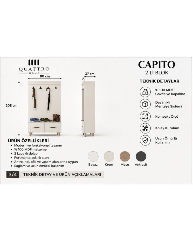 CAPITO 2 Lİ PORTMANTO-Genişlik: 80 cm Derinlik: 37 cm Yükseklik: 208 cm-%100 MDF