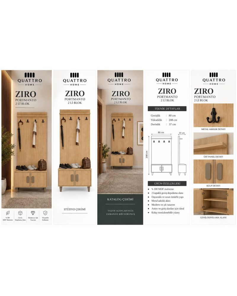 ZIRO VESTİYER MEŞE-Genişlik 80 cm, yükseklik 208 cm, derinlik 37 cm- %100 MDF