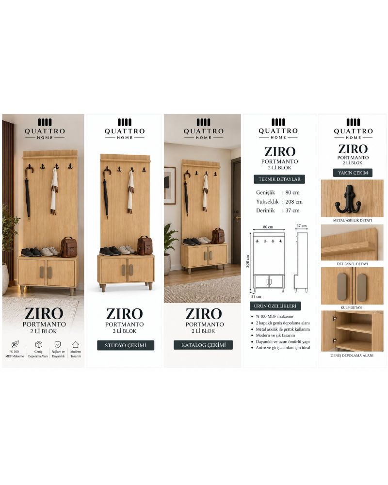 ZIRO VESTİYER MEŞE-Genişlik 80 cm, yükseklik 208 cm, derinlik 37 cm- %100 MDF