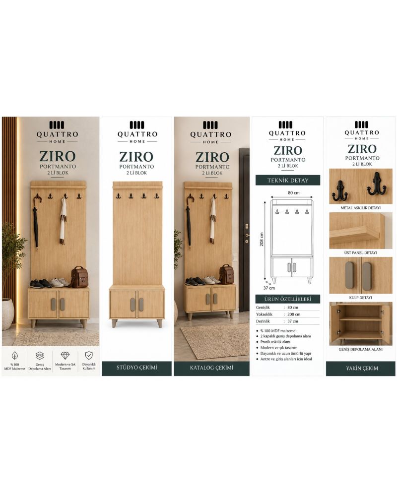 ZIRO VESTİYER MEŞE-Genişlik 80 cm, yükseklik 208 cm, derinlik 37 cm- %100 MDF