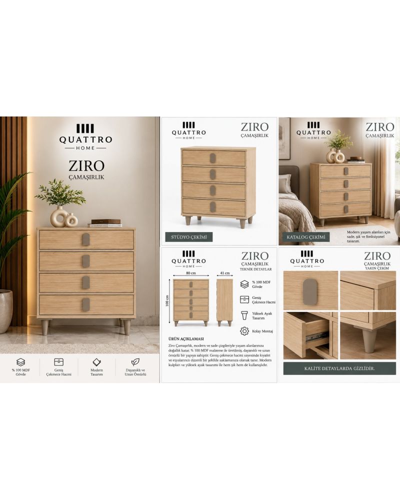 Meşe Renkli 4 Çekmeceli Çamaşırlık -Renk: Meşe Genişlik: 80 cm Yükseklik: 100 cm Derinlik: 41 cm Malzeme: %100 MDF