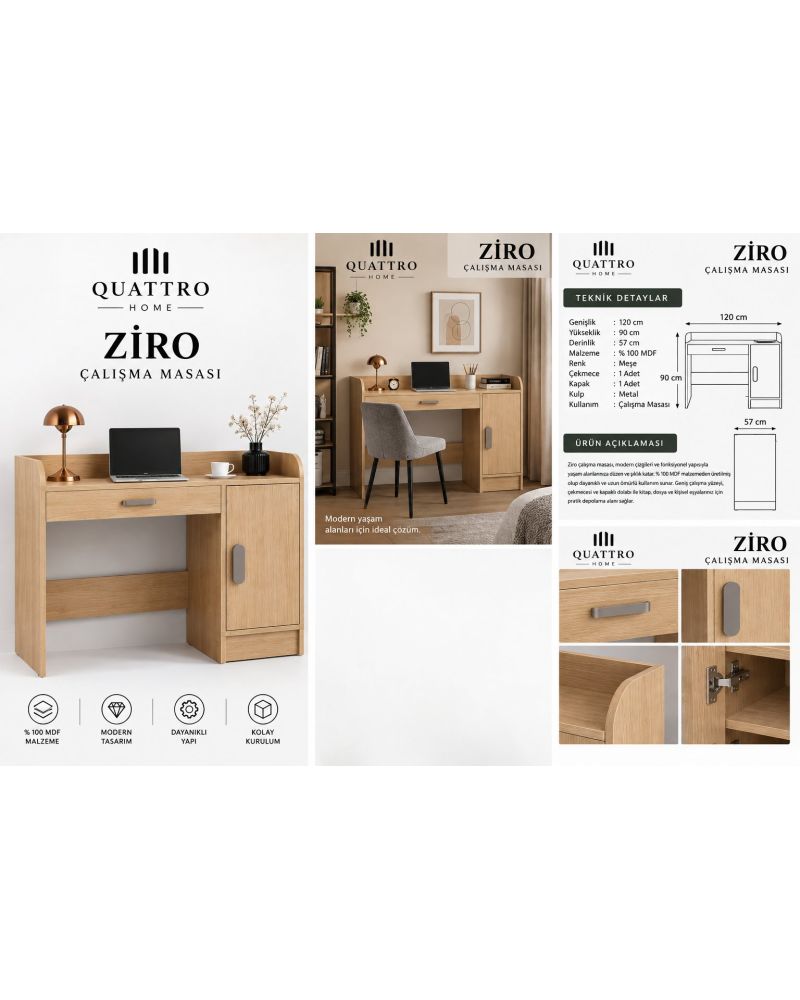 ZIRO ÇALIŞMA MASASI- %100 MDF-Genişlik: 120 cm Yükseklik: 90 cm Derinlik: 57 cm