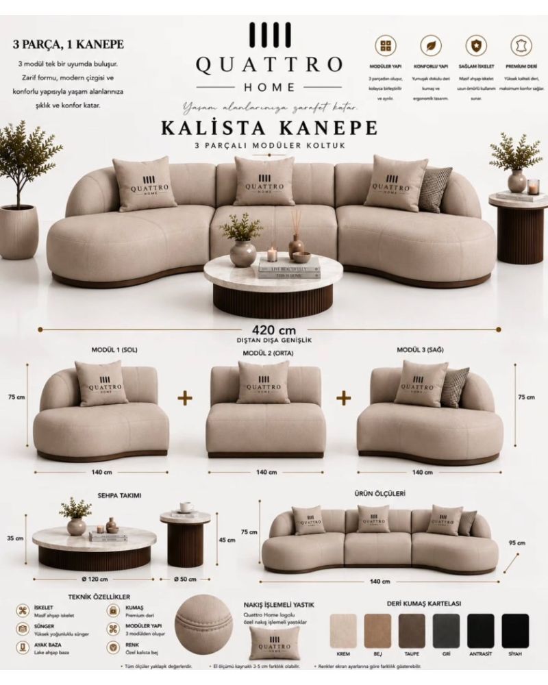 Kalista 3 Parçalı Modüler Koltuk – Premium Deri, Masif Ahşap İskeletli 420 cm