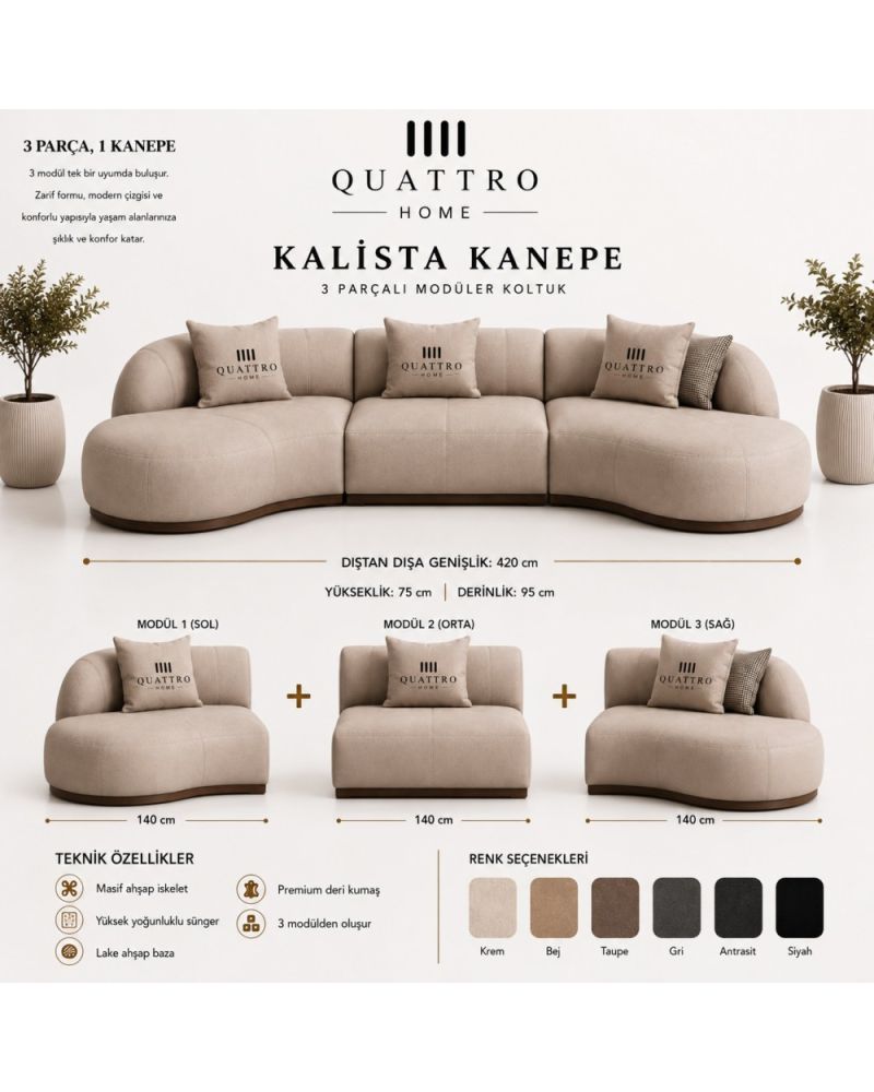 Kalista 3 Parçalı Modüler Koltuk – Premium Deri, Masif Ahşap İskeletli 420 cm