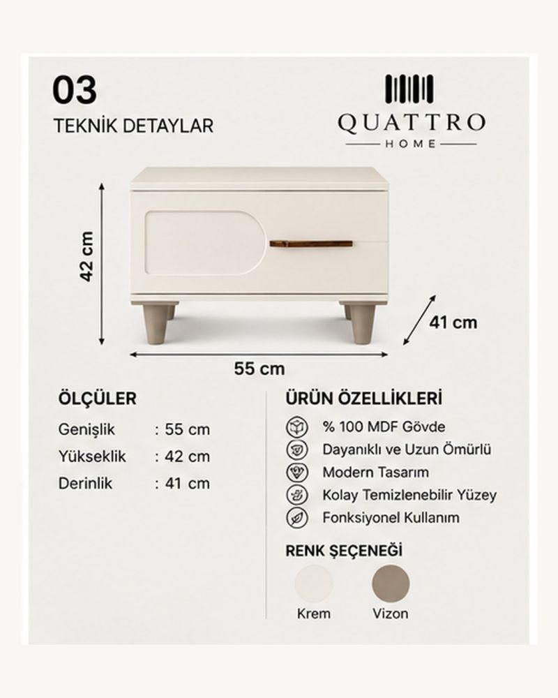 LOCA KOMODİN ÇEKMECELİ-Genişlik: 55 cm Yükseklik: 42 cm Derinlik: 41 cm-%100 MDF