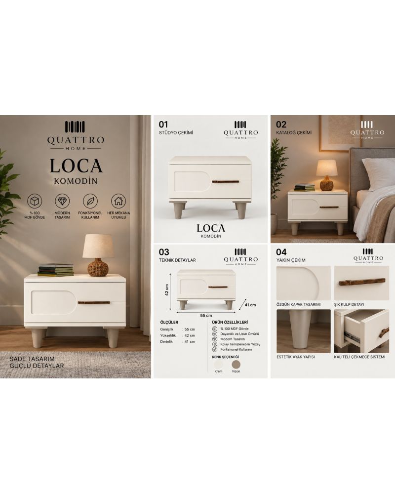 LOCA KOMODİN ÇEKMECELİ-Genişlik: 55 cm Yükseklik: 42 cm Derinlik: 41 cm-%100 MDF