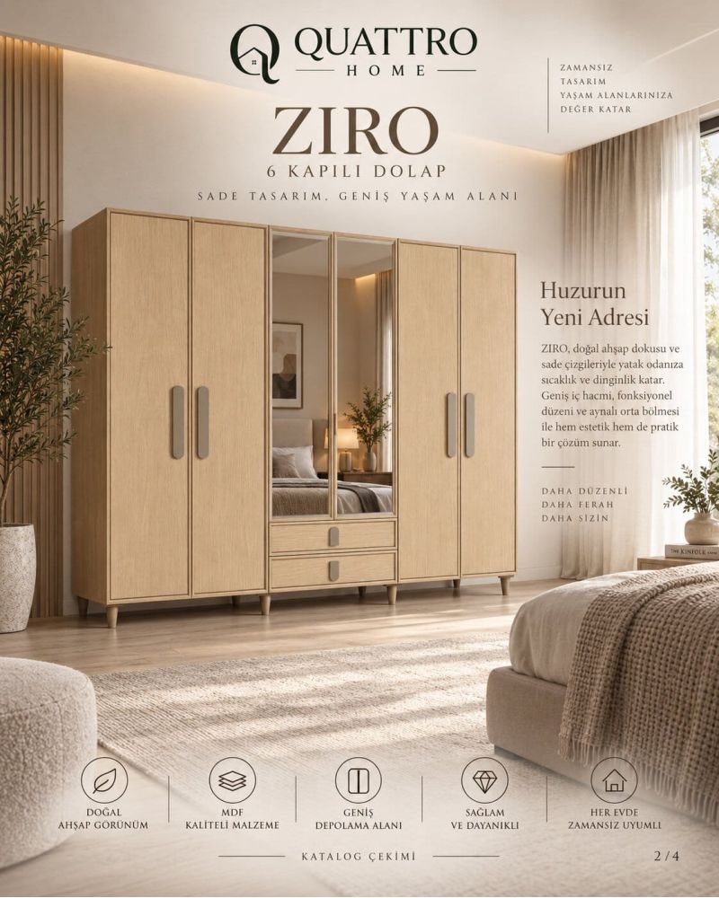 ZIRO 6 KAPAKLI DOLAP-Genişlik 240 cm, yükseklik 208 cm, derinlik 54 cm.- %100 MDF