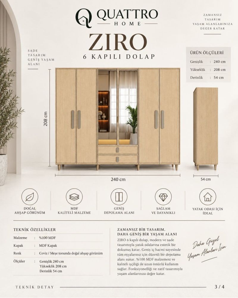 ZIRO 6 KAPAKLI DOLAP-Genişlik 240 cm, yükseklik 208 cm, derinlik 54 cm.- %100 MDF