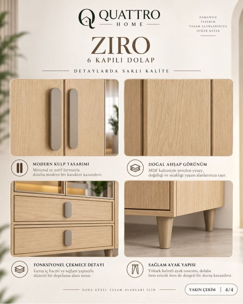 ZIRO 6 KAPAKLI DOLAP-Genişlik 240 cm, yükseklik 208 cm, derinlik 54 cm.- %100 MDF