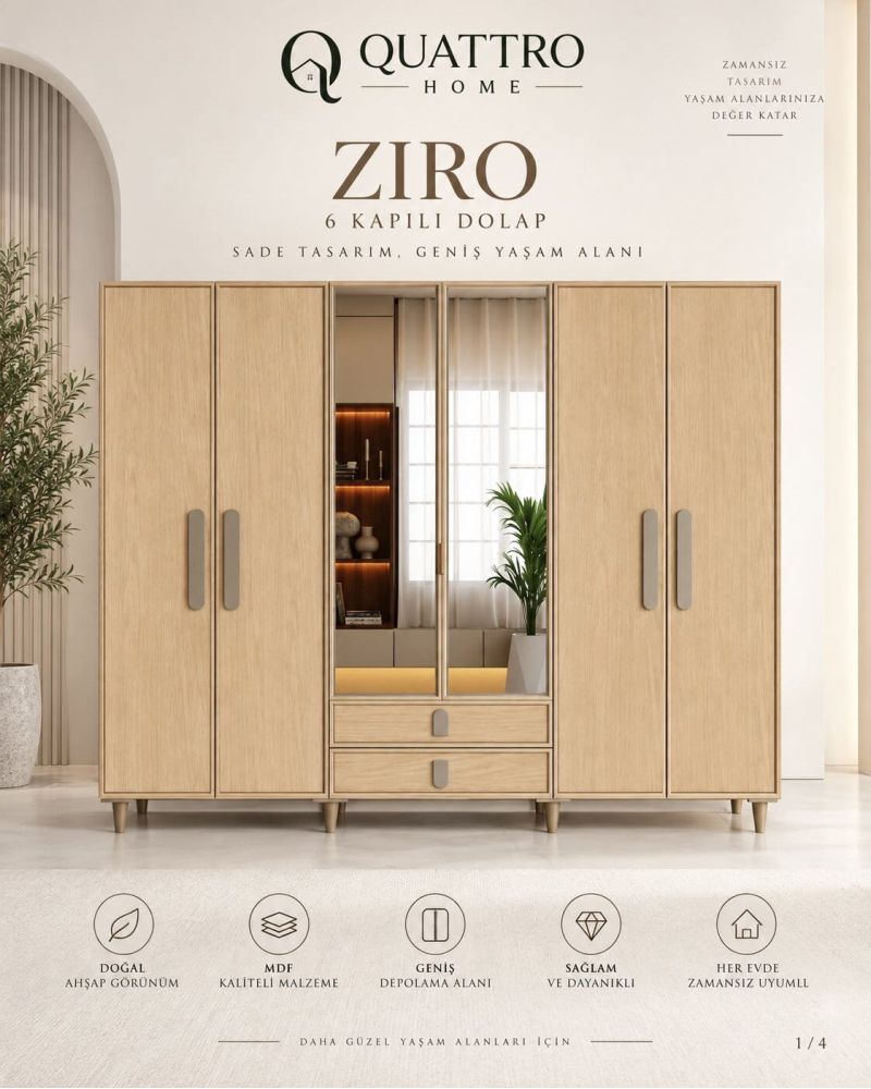 ZIRO 6 KAPAKLI DOLAP-Genişlik 240 cm, yükseklik 208 cm, derinlik 54 cm.- %100 MDF