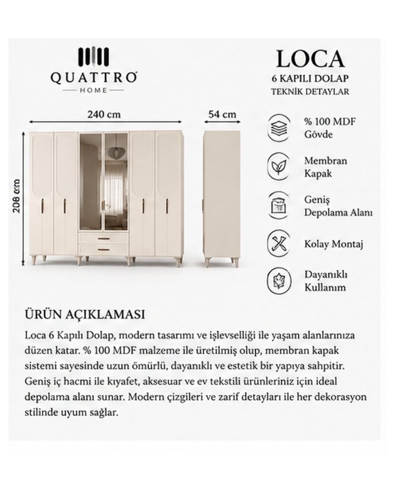 LOCA 6 KAPAKLI DOLAP -Genişlik: 240 cm Yükseklik: 208 cm Derinlik: 54 cm-%100 MDF
