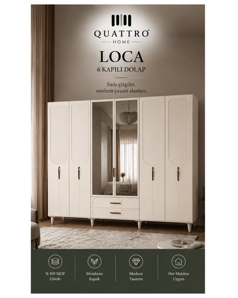 LOCA 6 KAPAKLI DOLAP -Genişlik: 240 cm Yükseklik: 208 cm Derinlik: 54 cm-%100 MDF