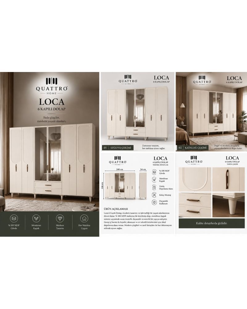 LOCA 6 KAPAKLI DOLAP -Genişlik: 240 cm Yükseklik: 208 cm Derinlik: 54 cm-%100 MDF