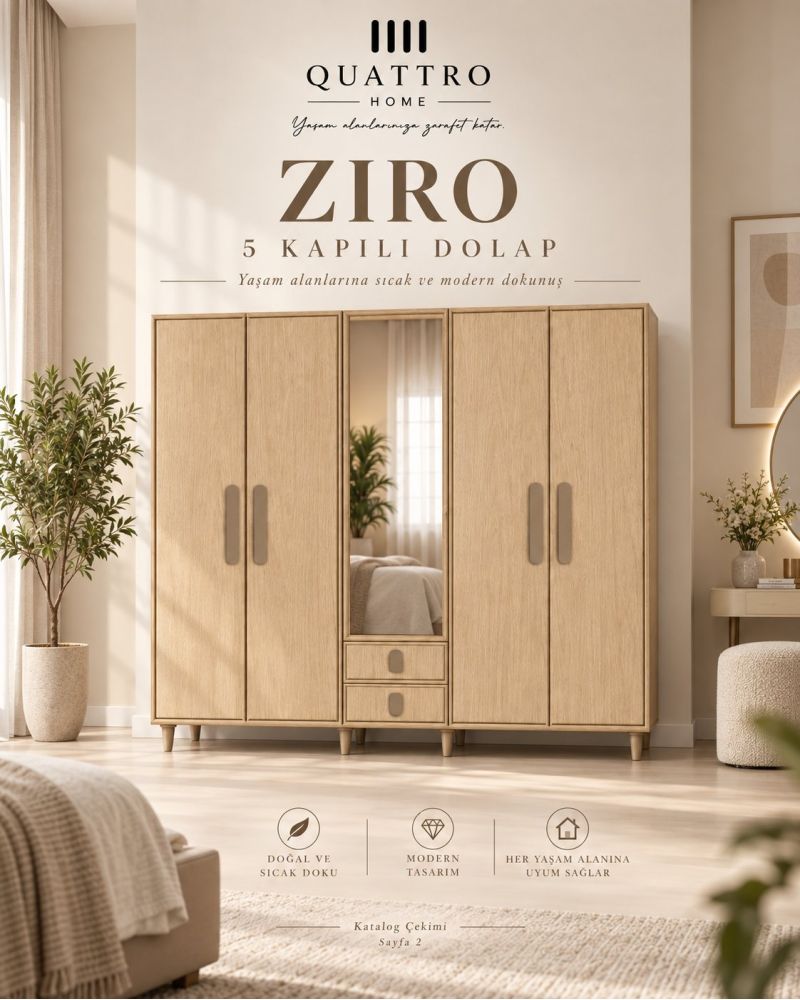 ZIRO 5 KAPAKLI DOLAP-Genişlik 200 cm, yükseklik 208 cm, derinlik 54 cm. %100 MDF