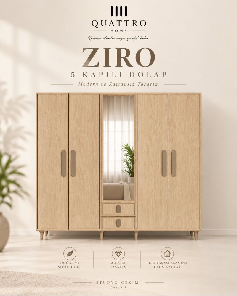 ZIRO 5 KAPAKLI DOLAP-Genişlik 200 cm, yükseklik 208 cm, derinlik 54 cm. %100 MDF