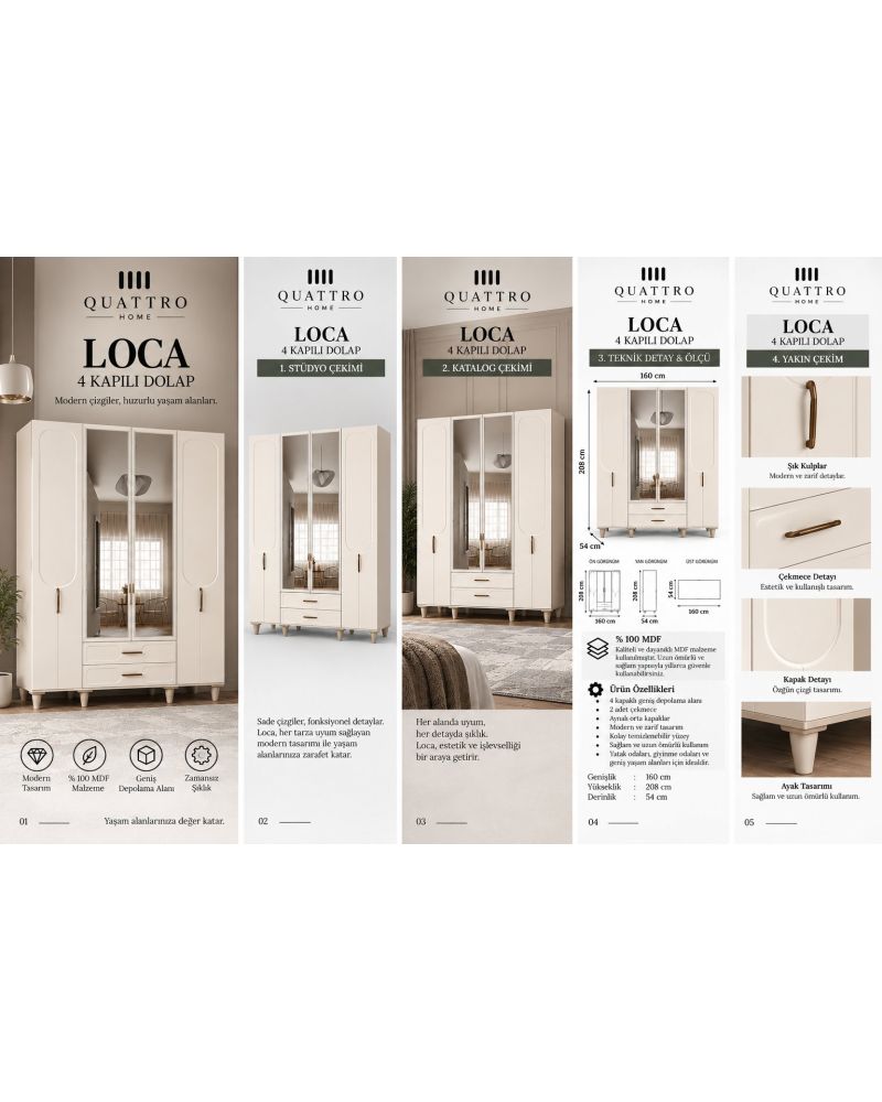 LOCA 4 KAPAKLI DOLAP -Genişlik: 160 cm Yükseklik: 208 cm Derinlik: 54 cm-%100