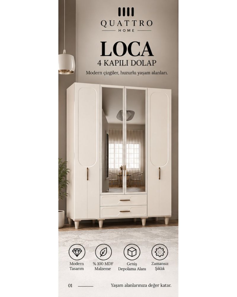 LOCA 4 KAPAKLI DOLAP -Genişlik: 160 cm Yükseklik: 208 cm Derinlik: 54 cm-%100