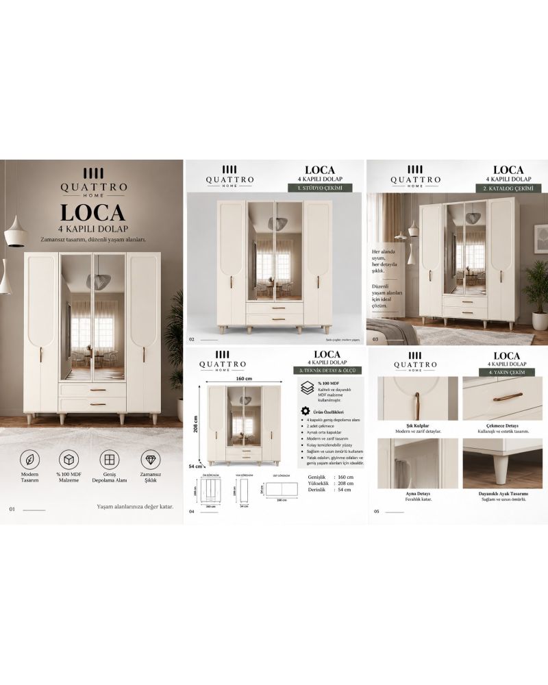 LOCA 4 KAPAKLI DOLAP -Genişlik: 160 cm Yükseklik: 208 cm Derinlik: 54 cm-%100