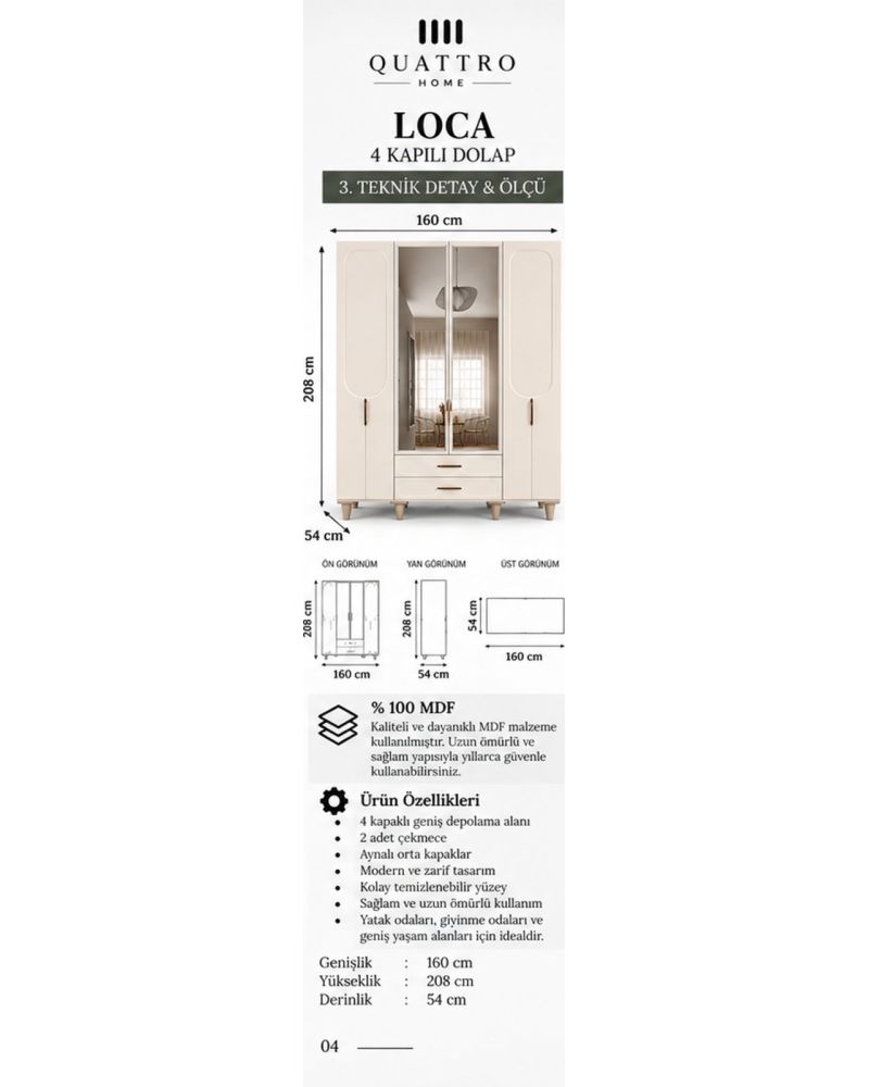 LOCA 4 KAPAKLI DOLAP -Genişlik: 160 cm Yükseklik: 208 cm Derinlik: 54 cm-%100