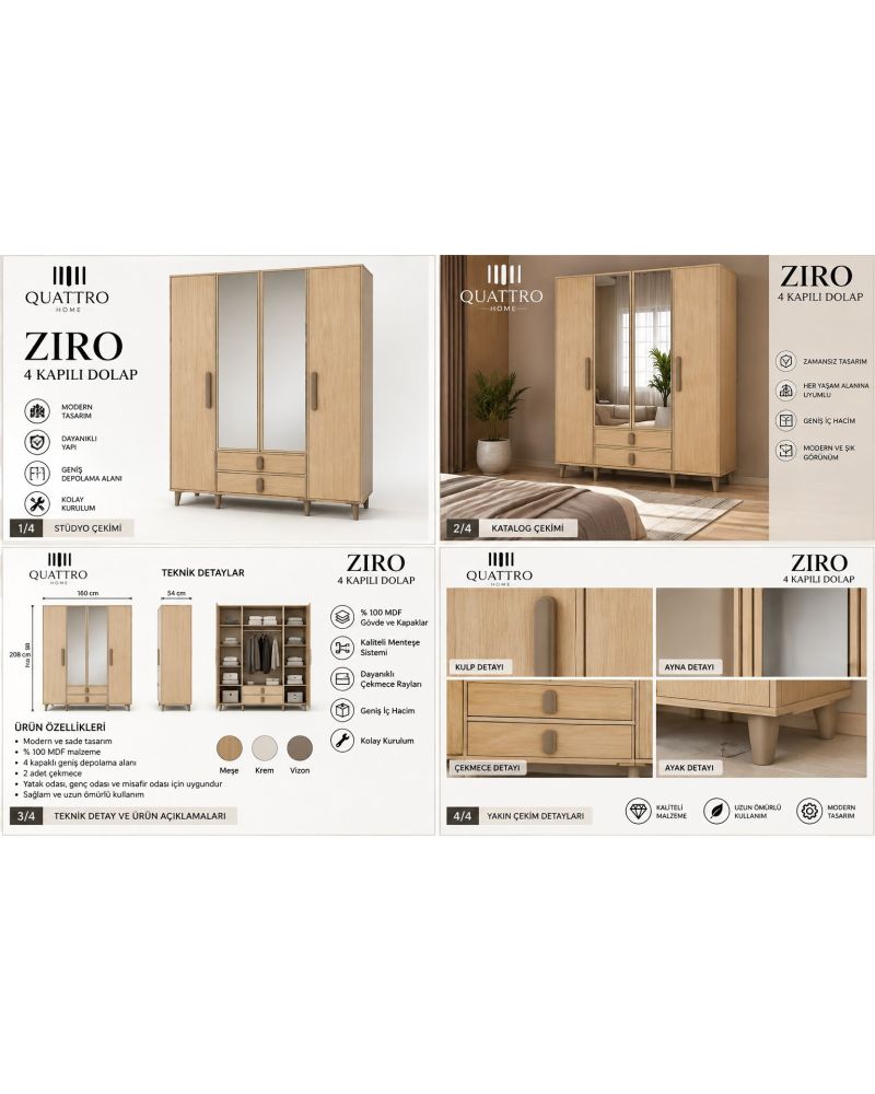 ZIRO 4 KAPAKLI DOLAP- Genişlik 160 cm, yükseklik 208 cm, derinlik 54 cm.- %100 MDF