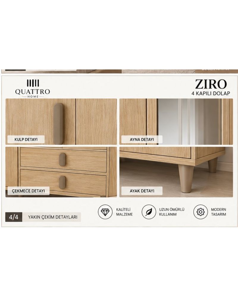 ZIRO 4 KAPAKLI DOLAP- Genişlik 160 cm, yükseklik 208 cm, derinlik 54 cm.- %100 MDF