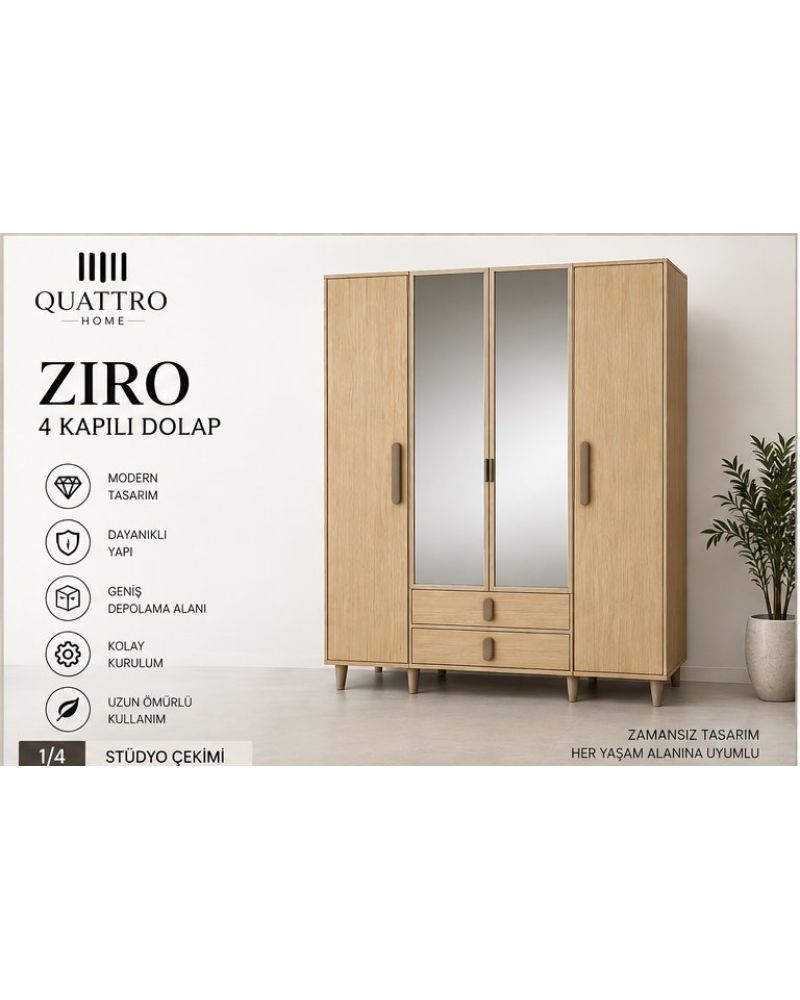 ZIRO 4 KAPAKLI DOLAP- Genişlik 160 cm, yükseklik 208 cm, derinlik 54 cm.- %100 MDF