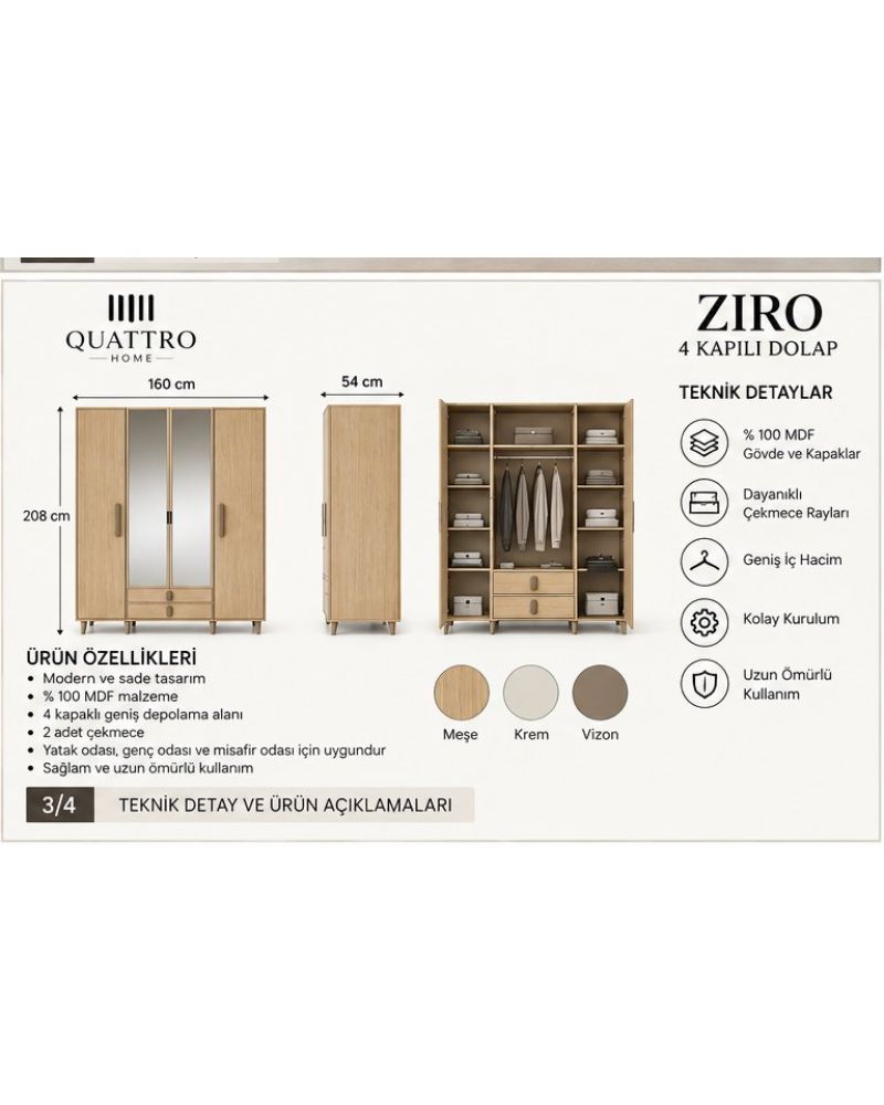 ZIRO 4 KAPAKLI DOLAP- Genişlik 160 cm, yükseklik 208 cm, derinlik 54 cm.- %100 MDF