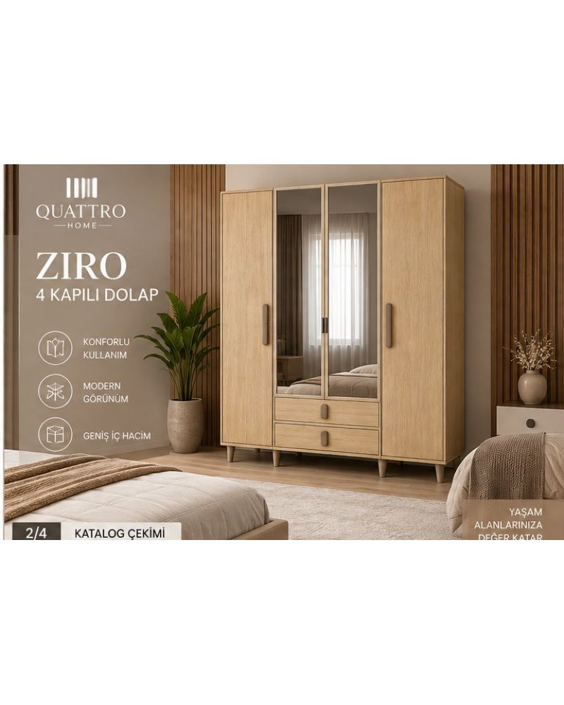 ZIRO 4 KAPAKLI DOLAP- Genişlik 160 cm, yükseklik 208 cm, derinlik 54 cm.- %100 MDF