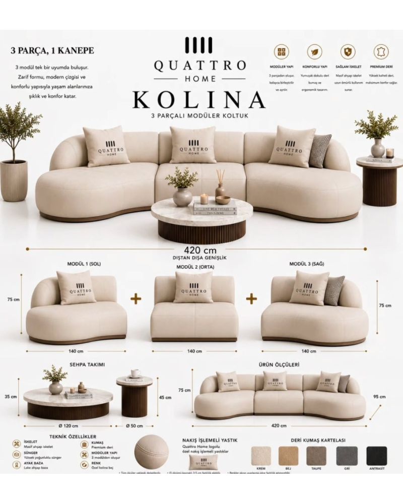Kolina 3 Parçalı Modüler Koltuk – Premium Deri, Masif Ahşap İskeletli 420 cm