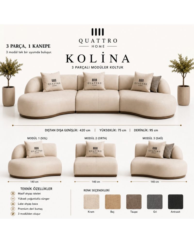 Kolina 3 Parçalı Modüler Koltuk – Premium Deri, Masif Ahşap İskeletli 420 cm