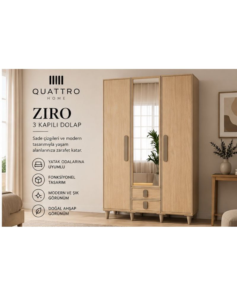 ZIRO 3 KAPAKLI DOLAP-Genişlik 120 cm, yükseklik 208 cm, derinlik 54 cm-%100 MDF