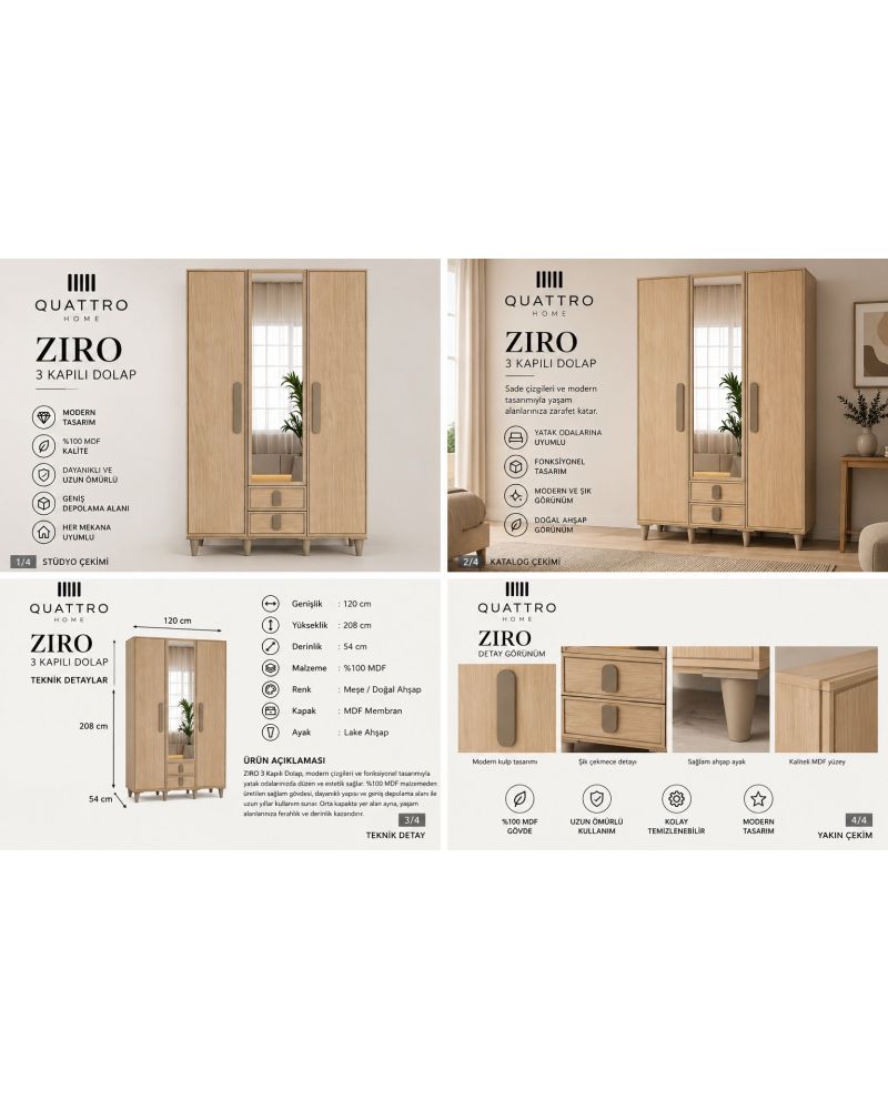 ZIRO 3 KAPAKLI DOLAP-Genişlik 120 cm, yükseklik 208 cm, derinlik 54 cm-%100 MDF