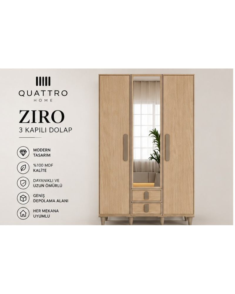 ZIRO 3 KAPAKLI DOLAP-Genişlik 120 cm, yükseklik 208 cm, derinlik 54 cm-%100 MDF