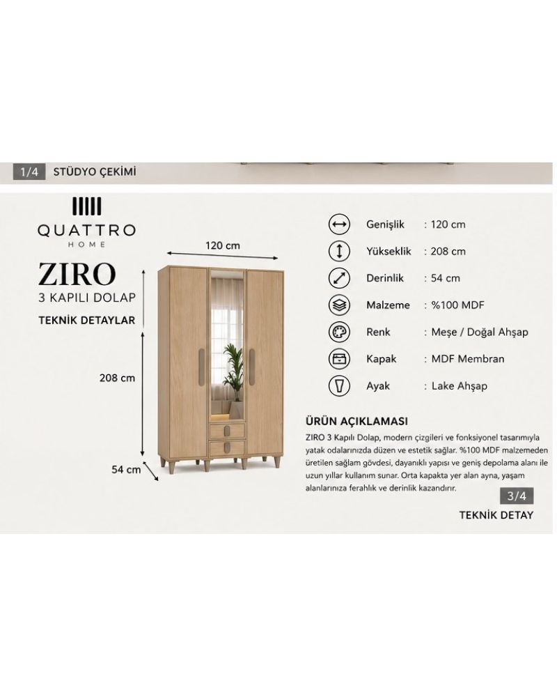 ZIRO 3 KAPAKLI DOLAP-Genişlik 120 cm, yükseklik 208 cm, derinlik 54 cm-%100 MDF
