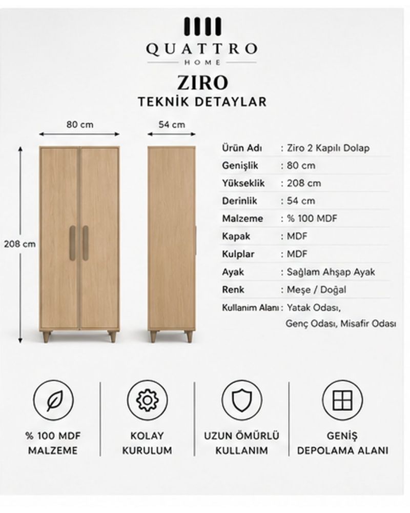 ZIRO 2 KAPAKLI DOLAP-Genişlik 80 cm, yükseklik 208 cm, derinlik 54 cm.-%100 MDF