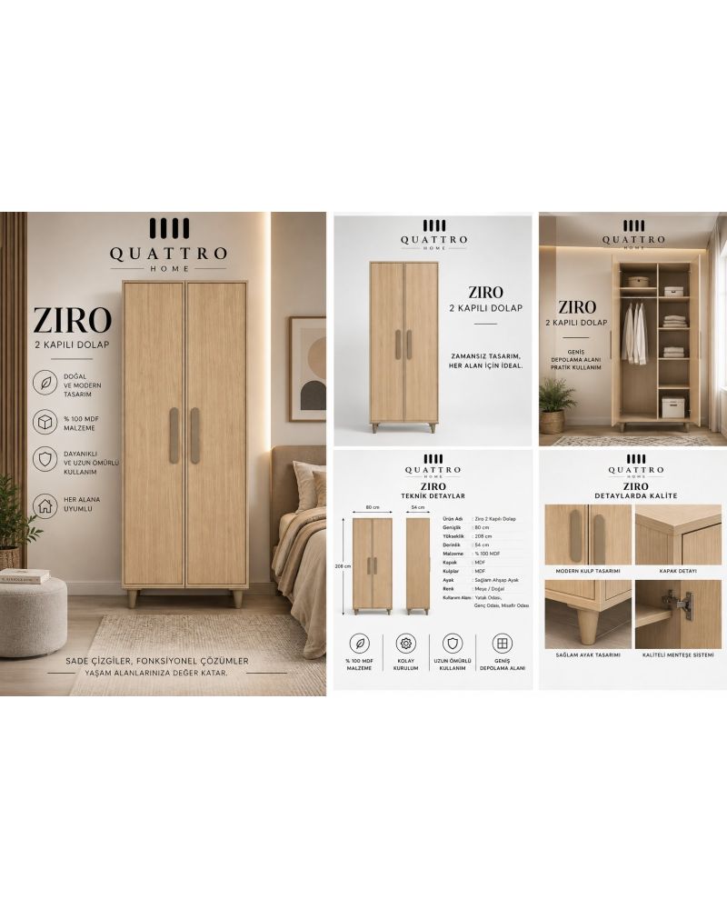 ZIRO 2 KAPAKLI DOLAP-Genişlik 80 cm, yükseklik 208 cm, derinlik 54 cm.-%100 MDF