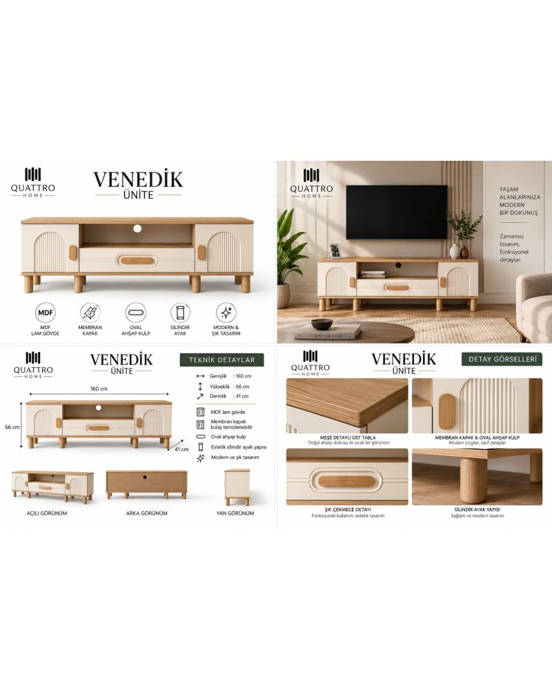 VENEDİK TV ÜNİTESİ-Genişlik 160 cm, yükseklik 66 cm, derinlik 41 cm.% 100 MDF