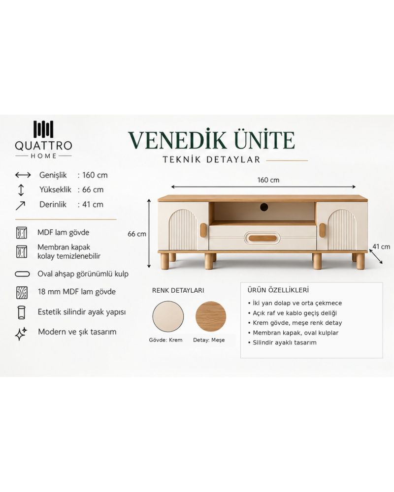 VENEDİK TV ÜNİTESİ-Genişlik 160 cm, yükseklik 66 cm, derinlik 41 cm.% 100 MDF