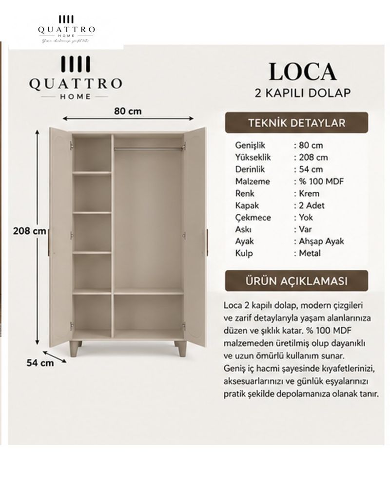 LOCA 2 KAPAKLI DOLAP -Genişlik: 80 cm Yükseklik: 208 cm Derinlik: 54 cm- %100 MDF