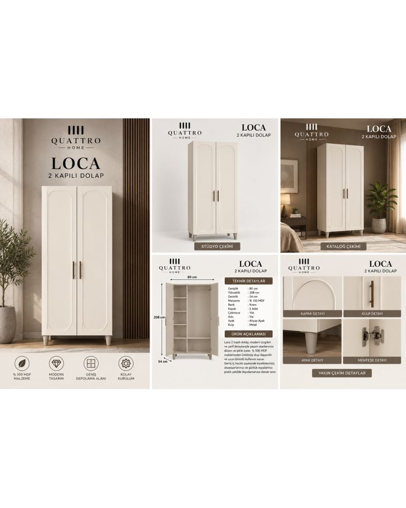 LOCA 2 KAPAKLI DOLAP -Genişlik: 80 cm Yükseklik: 208 cm Derinlik: 54 cm- %100 MDF