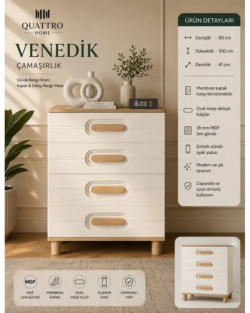 VENEDİK ÇAMAŞIRLIK -% 100 MDF -Genişlik 80 cm, yükseklik 100 cm, derinlik 41 cm.