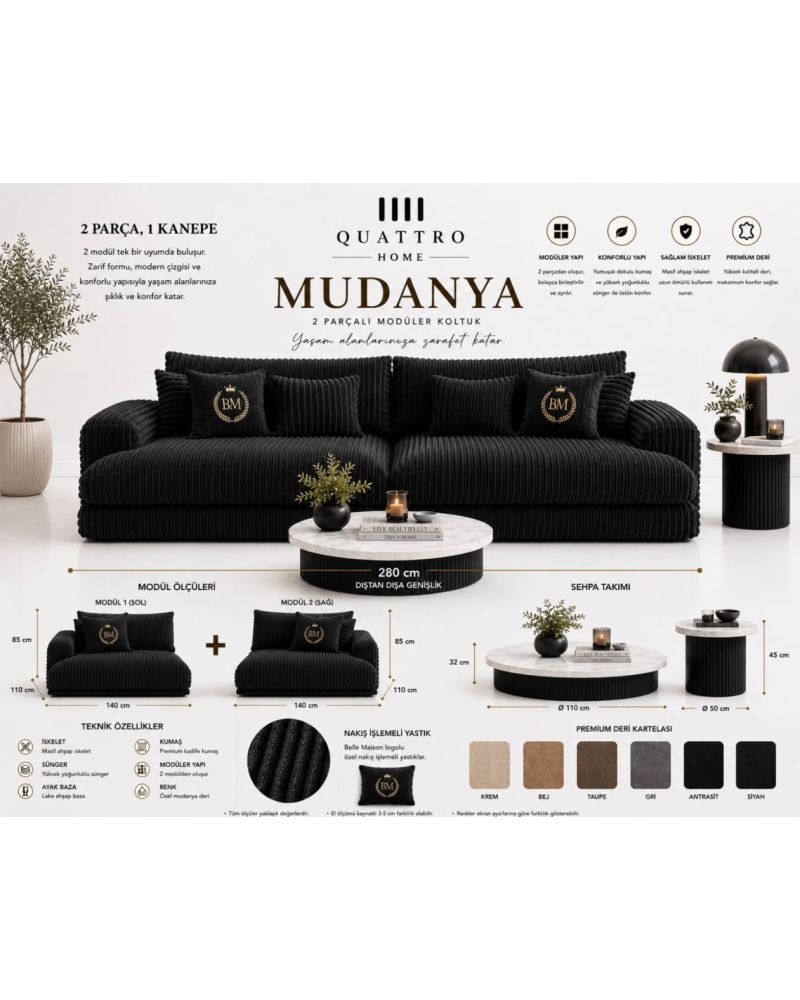 Mudanya 2 Parçalı Modüler Koltuk – Premium Döşemeli, Masif Ahşap İskeletli 280 cm