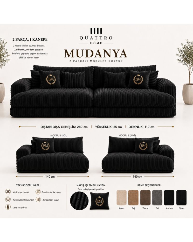 Mudanya 2 Parçalı Modüler Koltuk – Premium Döşemeli, Masif Ahşap İskeletli 280 cm