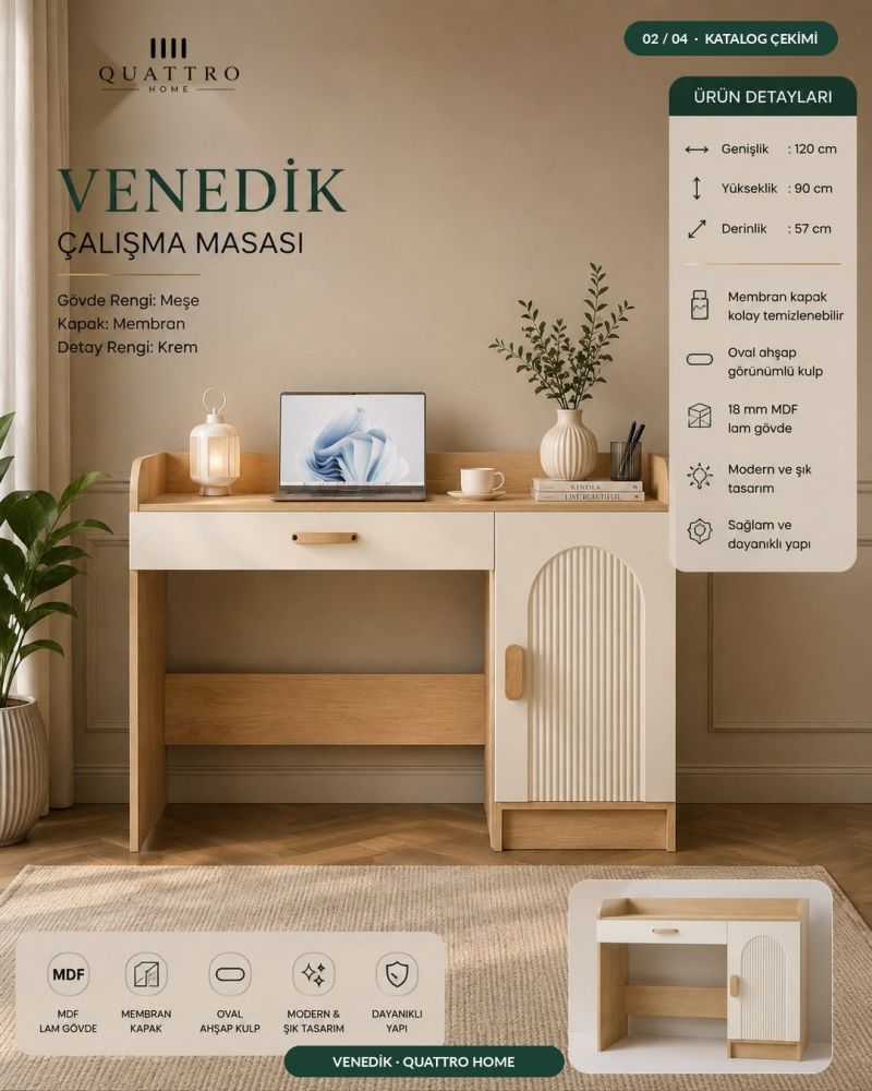 VENEDİK ÇALIŞMA MASASI- %100 MDF -Genişlik: 120 cm Yükseklik: 90 cm Derinlik: 57 cm